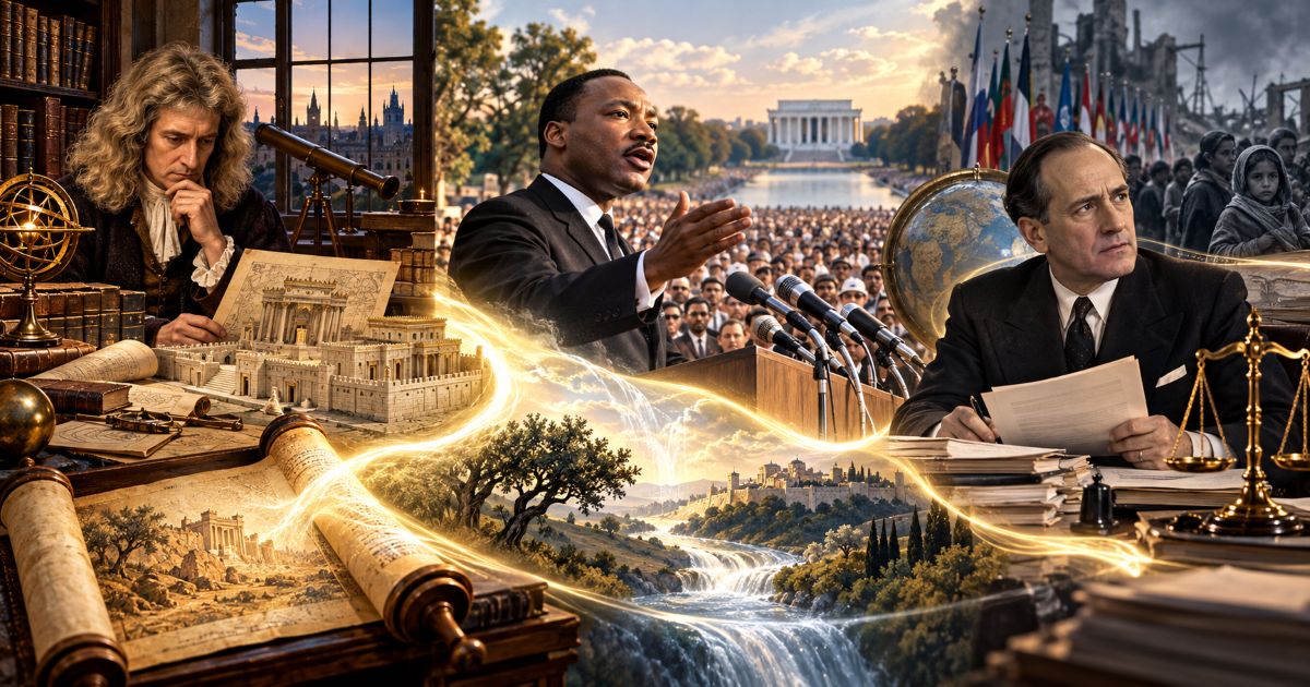 Illustration réunissant Isaac Newton étudiant le Temple de Salomon, Martin Luther King prononçant un discours et Raphael Lemkin travaillant à la protection juridique des peuples, autour de l’héritage biblique d’Israël.