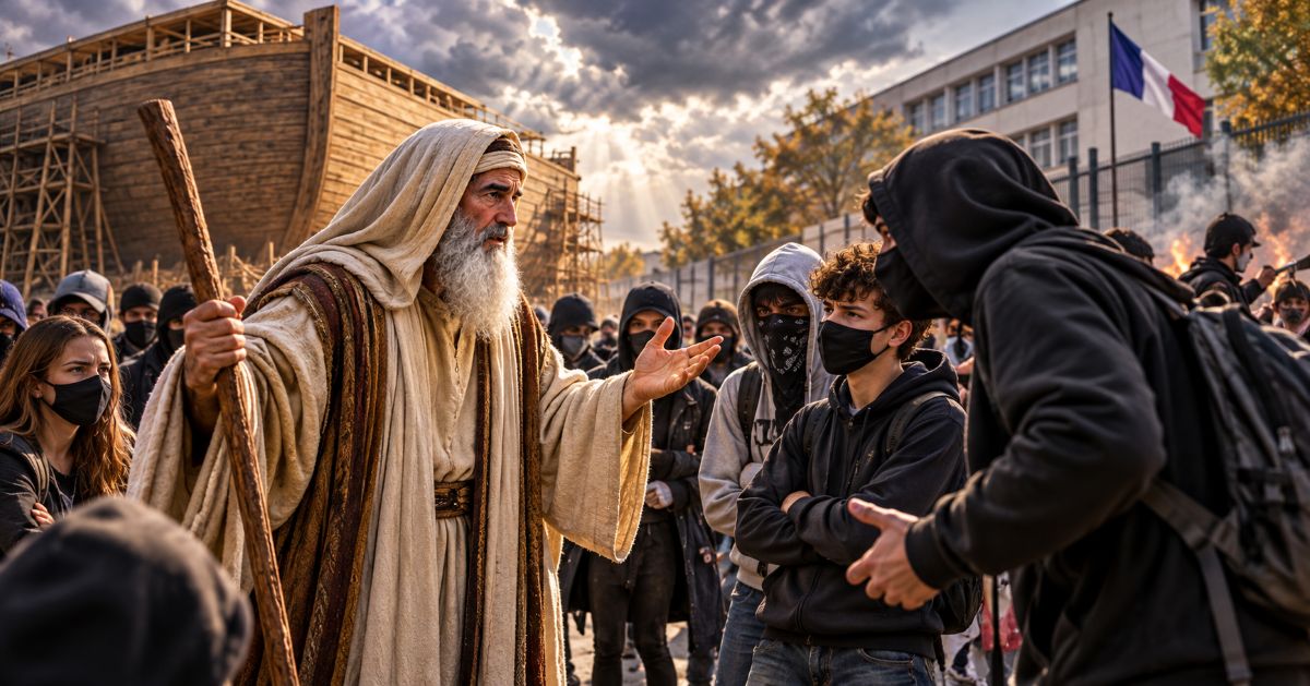 Noa’h, coiffé à la manière biblique, dialogue avec des lycéens masqués devant un établissement français, son arche en arrière-plan. Illustration générée par IA.