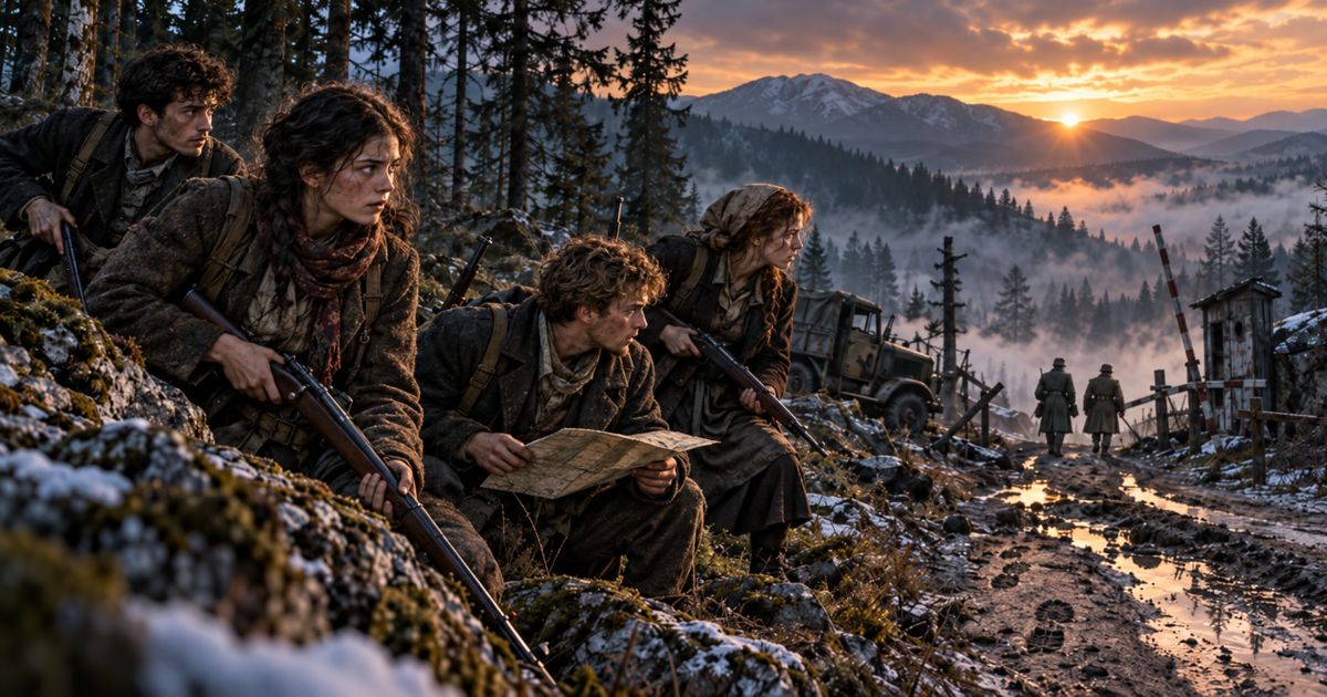 Illustration de jeunes partisans juifs armés en embuscade dans une forêt montagneuse, observant un poste de contrôle au soleil couchant.