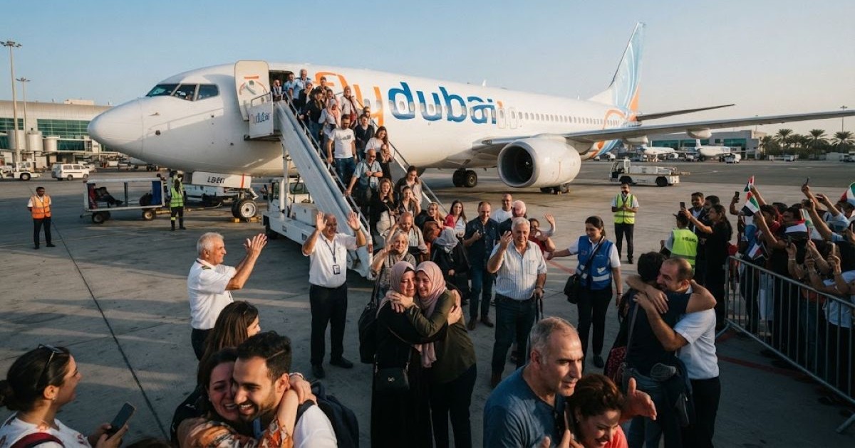 Des passagers souriants descendent les escaliers d'un avion de la compagnie Flydubai et retrouvent leurs proches dans une ambiance de soulagement et de joie.