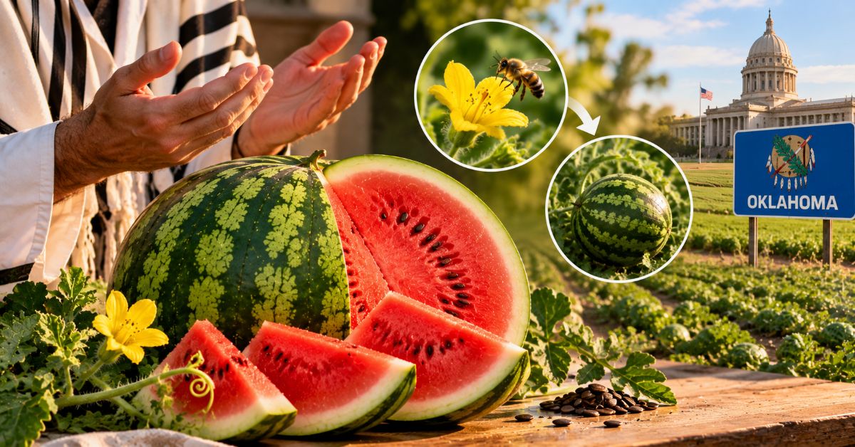 Pastèque mûre et fleur pollinisée illustrant son développement botanique et la bénédiction juive Boré péri haadama
