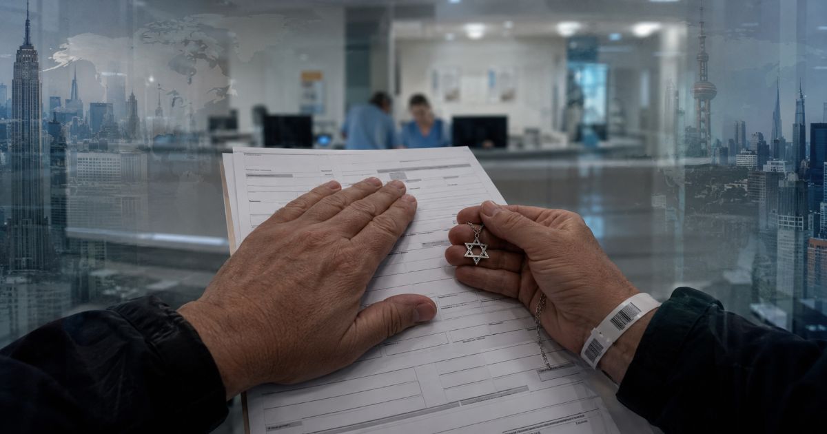 Patient couvrant son identité sur un formulaire hospitalier tout en dissimulant une étoile de David.