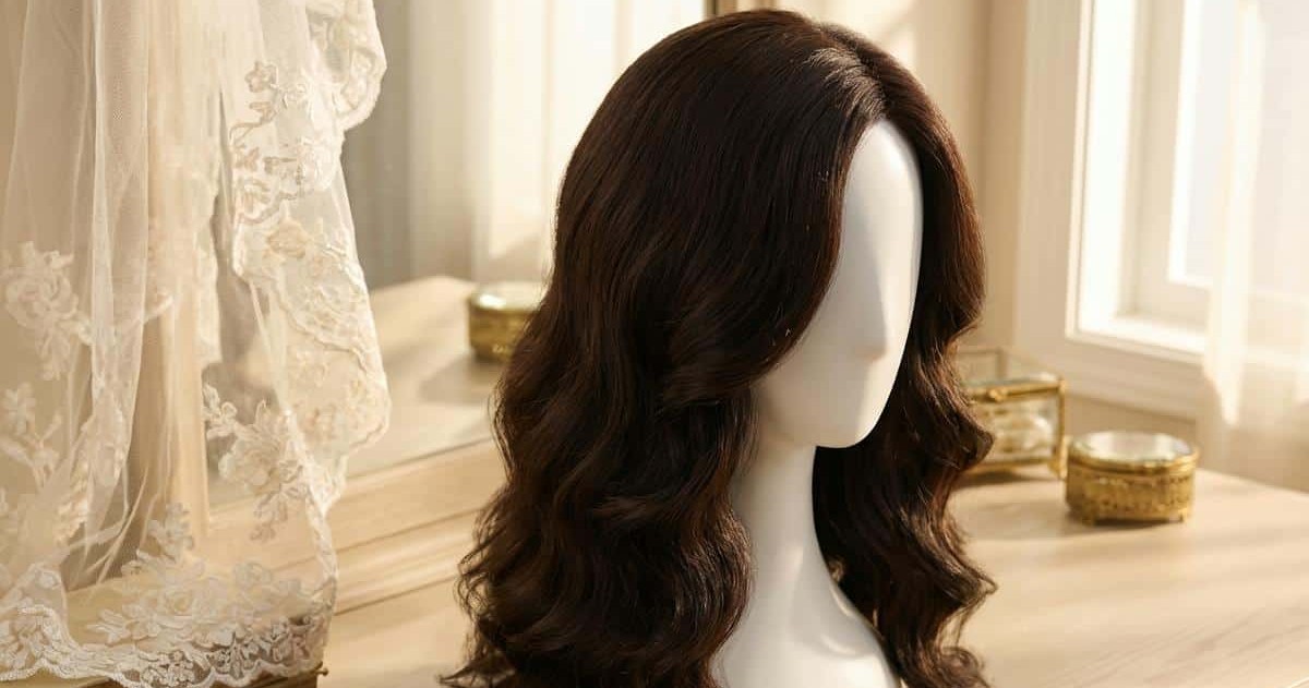 Une perruque sur un socle, illustrant le débat sur la couverture des cheveux, la tsniout et le prix des perruques.