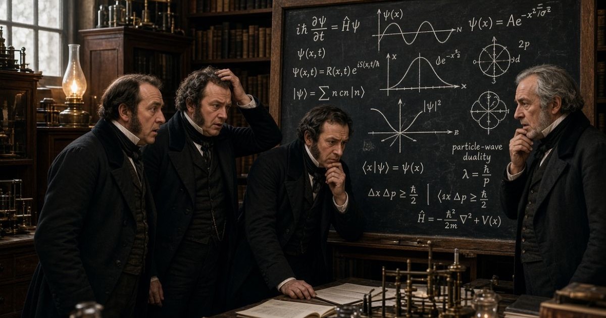 Scientifiques du début du XIXe siècle perplexes devant un tableau noir couvert d’équations de physique quantique moderne dans un laboratoire