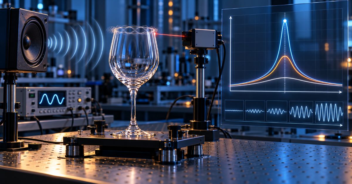 Dans un laboratoire, un haut-parleur fait vibrer un verre tandis qu’un graphique compare un pic de résonance élevé à des réponses progressivement réduites par l’amortissement.