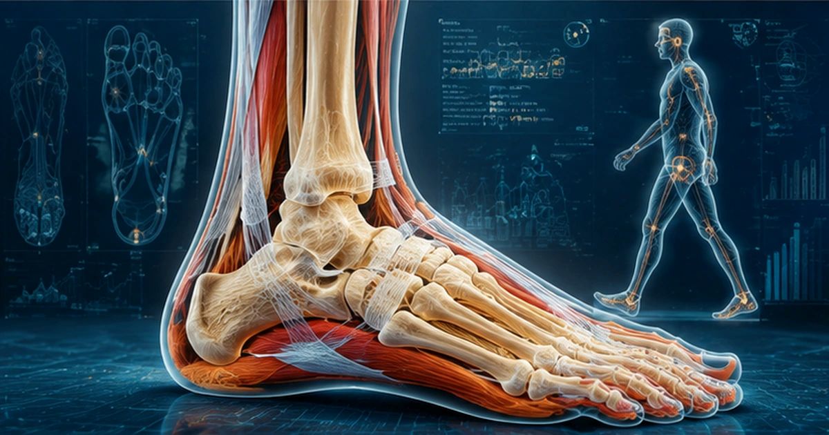 Anatomie du pied humain montrant les os, muscles, tendons et articulations impliqués dans la marche et l’équilibre.