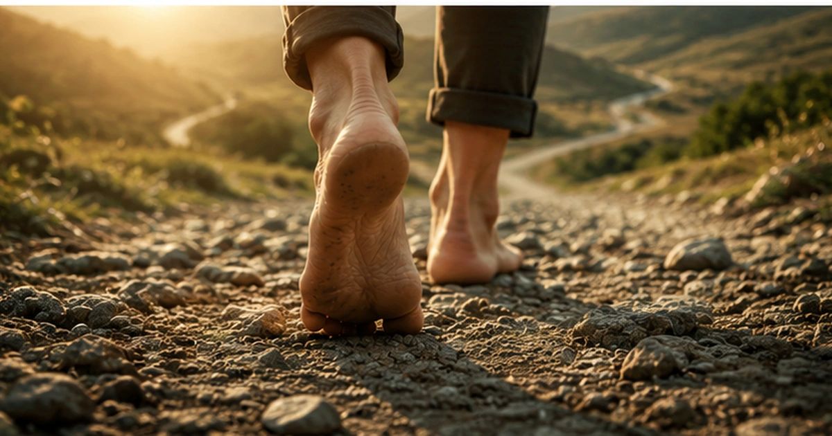 Pieds avançant sur un chemin pierreux, symbole de la progression pas après pas et de l’action malgré l’incertitude.