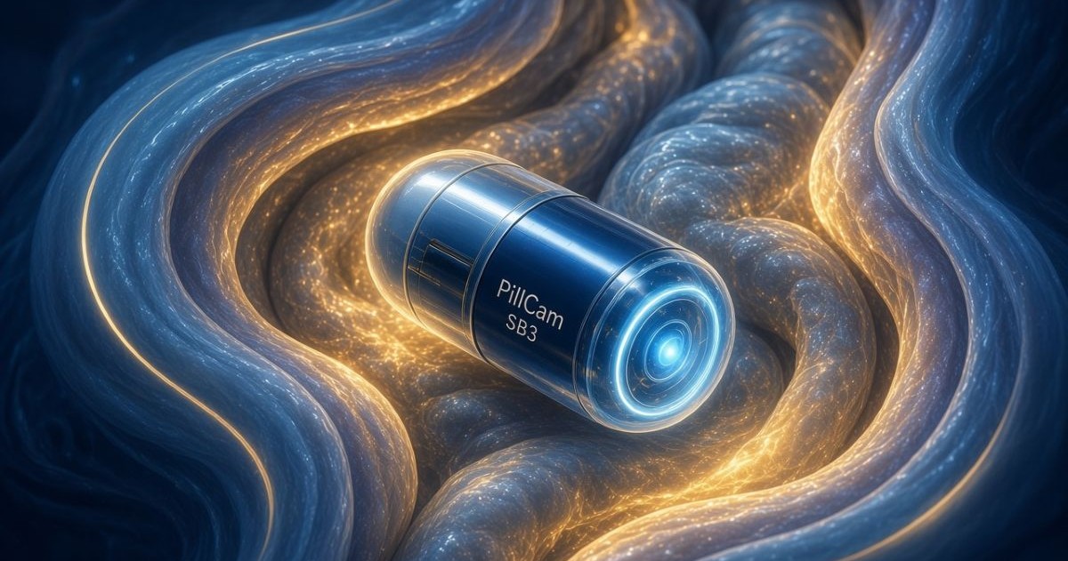 Illustration d’une capsule PillCam parcourant l’intestin pour transmettre des images médicales