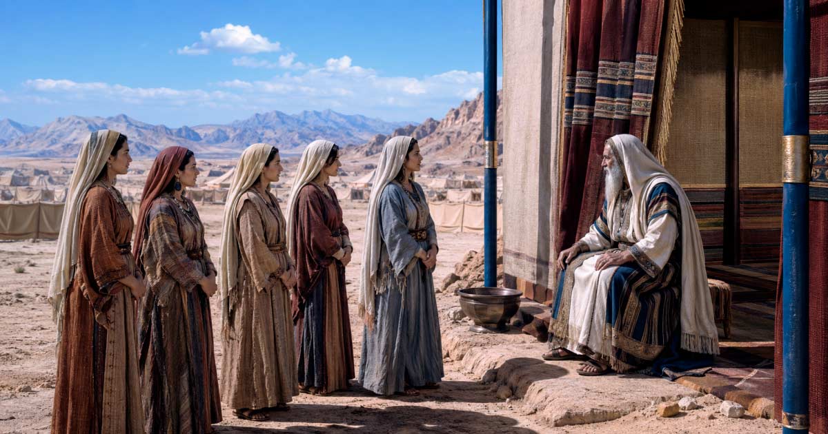 Les filles de Tselofhad face à Moché Rabbenou  qui expose leur litige.