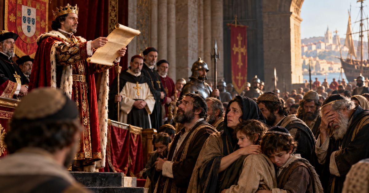 Reconstitution historique du roi Manuel Ier proclamant les mesures de 1497 au Portugal, dans un contexte de baptêmes forcés imposés aux Juifs.