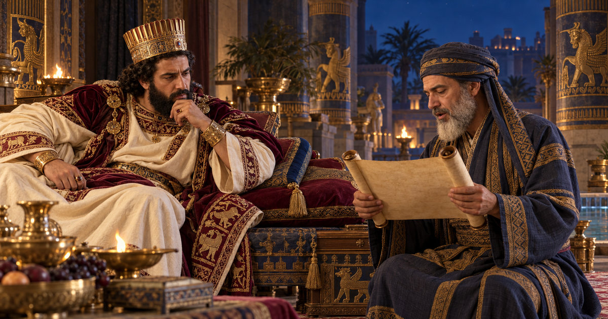 Assuérus écoute la lecture des chroniques royales dans son palais, à la lumière des lampes.