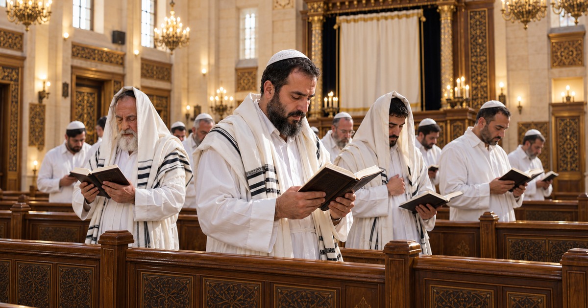 Des hommes vêtus de blanc priant à la synagogue le jour de Kippour