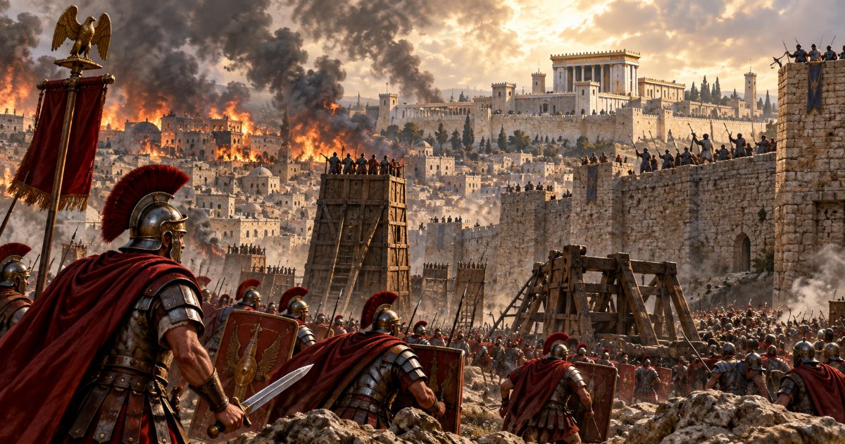 Représentation éditoriale de la prise et de l’incendie du quartier de Bezetha, tandis que les légions romaines attaquent les murailles proches du Temple à Jérusalem.