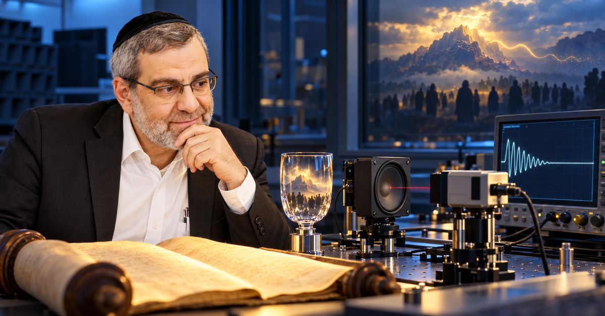 Le professeur Nessim réfléchit dans un laboratoire devant un verre, des instruments acoustiques, un signal qui s’éteint et une évocation lumineuse du Har Sinaï.