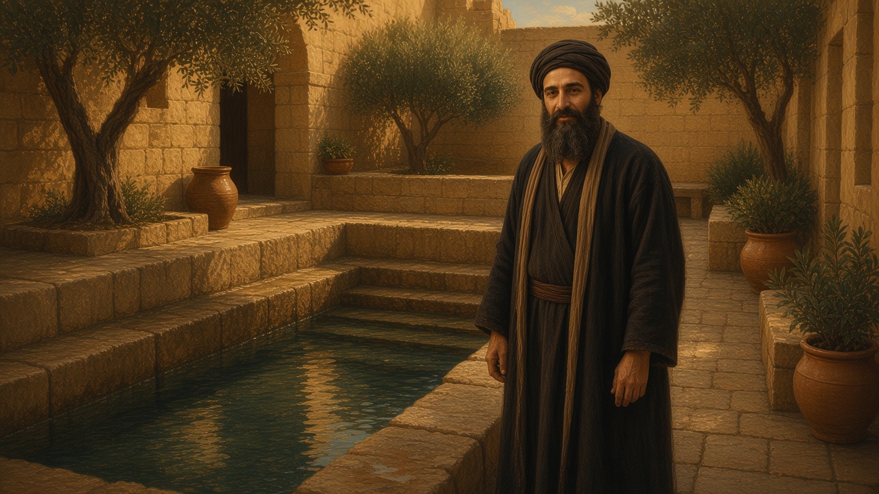 Illustration d’un homme près d’un mikvé, évoquant l’enseignement de Rabbi Akiva sur la purification à Kippour