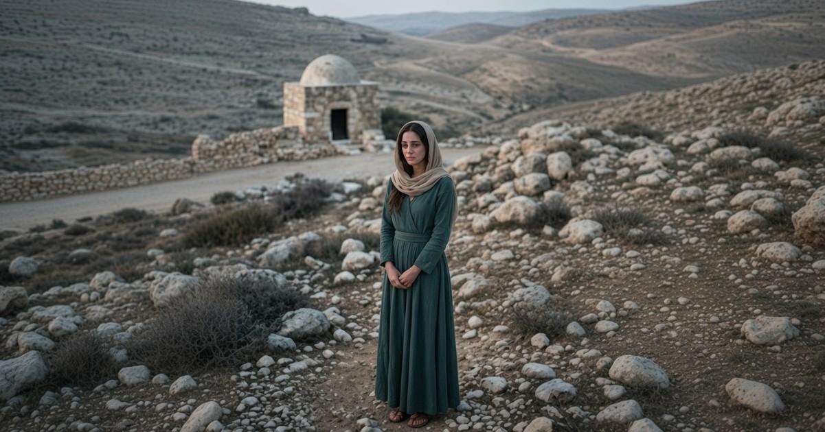 Rahel Iménou se tient dans un paysage pierreux et désertique, près d’un petit édifice, dans une atmosphère de recueillement et de solitude.