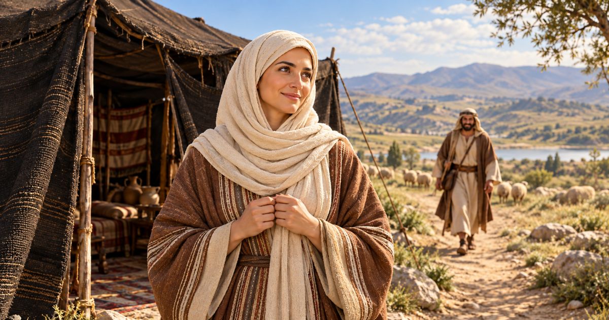 Ra’hel Iménou, la tête couverte, devant sa tente, tandis que Yaacov s’approche au loin dans un paysage pastoral.