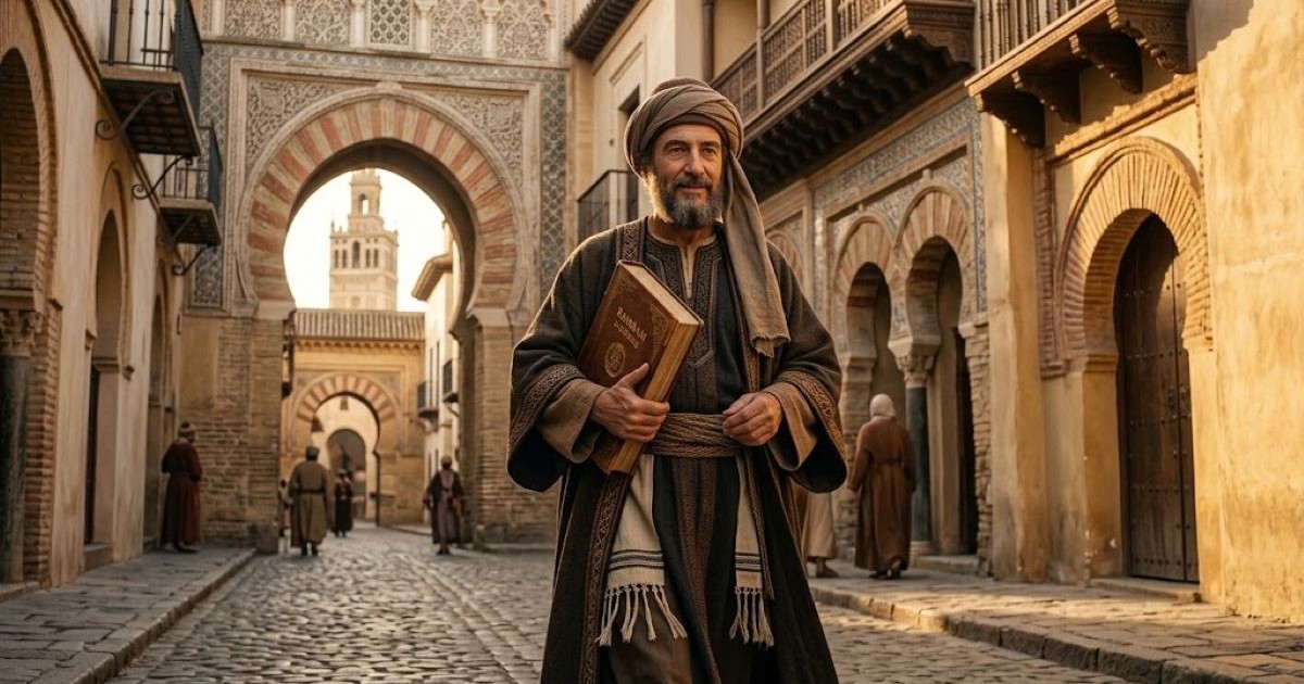 Rambam (Moïse Maimonide) marchant dans les ruelles historiques de Cordoue, un grand livre entre les mains