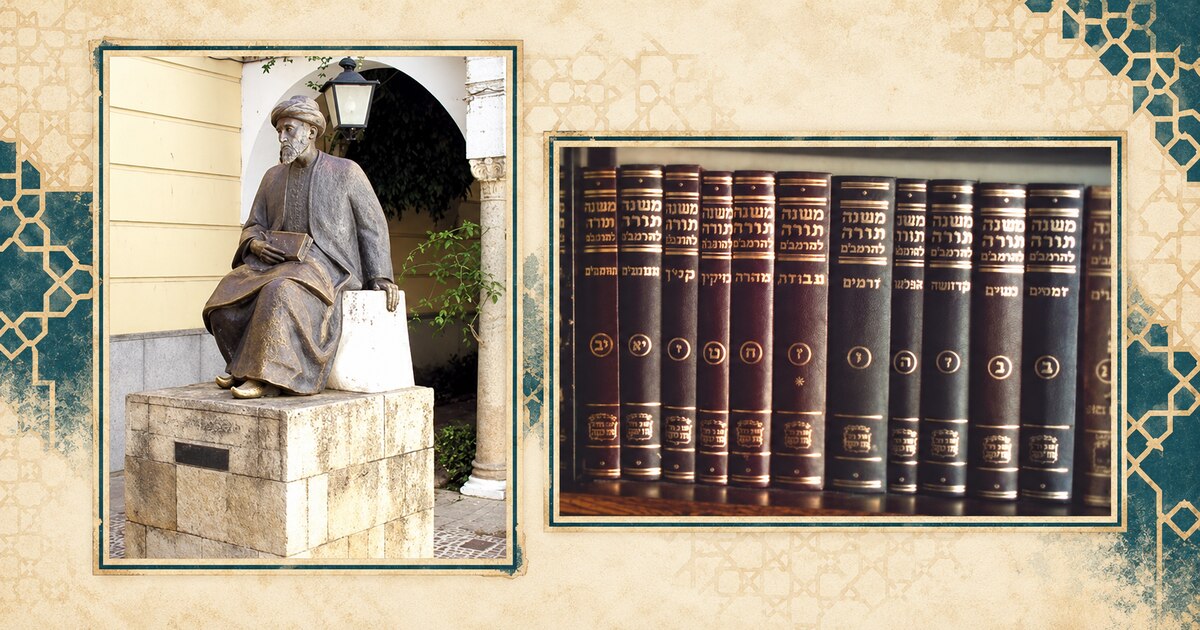 Statue de Maïmonide à Cordoue et volumes du Michné Torah dans une composition illustrée