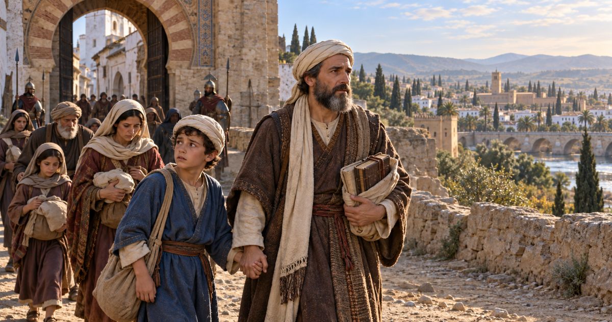 Illustration imaginée du jeune Rambam quittant Cordoue avec son père Rabbi Maïmon, qui porte des livres, suivis de leur famille.