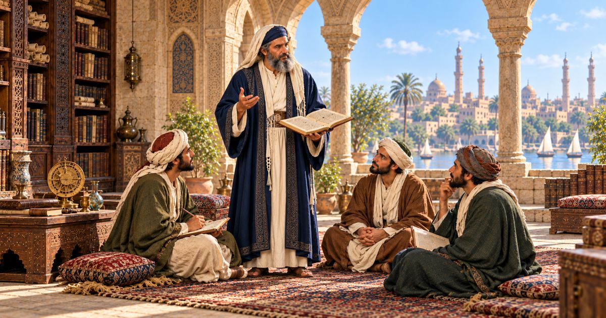 Le Rambam debout, un manuscrit ouvert à la main, enseigne devant trois étudiants arabes assis dans un cadre médiéval.