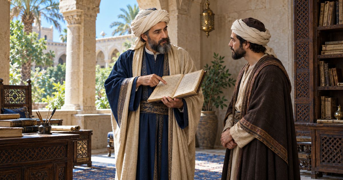 Le Rambam debout, présentant un manuscrit ouvert à son élève Yossef ben Yehouda dans un décor égyptien médiéval.