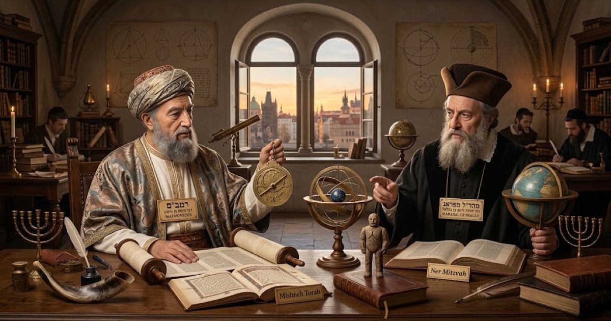 Illustration générée par IA représentant le Rambam et le Maharal de Prague dans une bibliothèque studieuse entourés d'instruments scientifiques, de rouleaux et de livres, symbolisant l'alliance harmonieuse entre la science et la Torah.