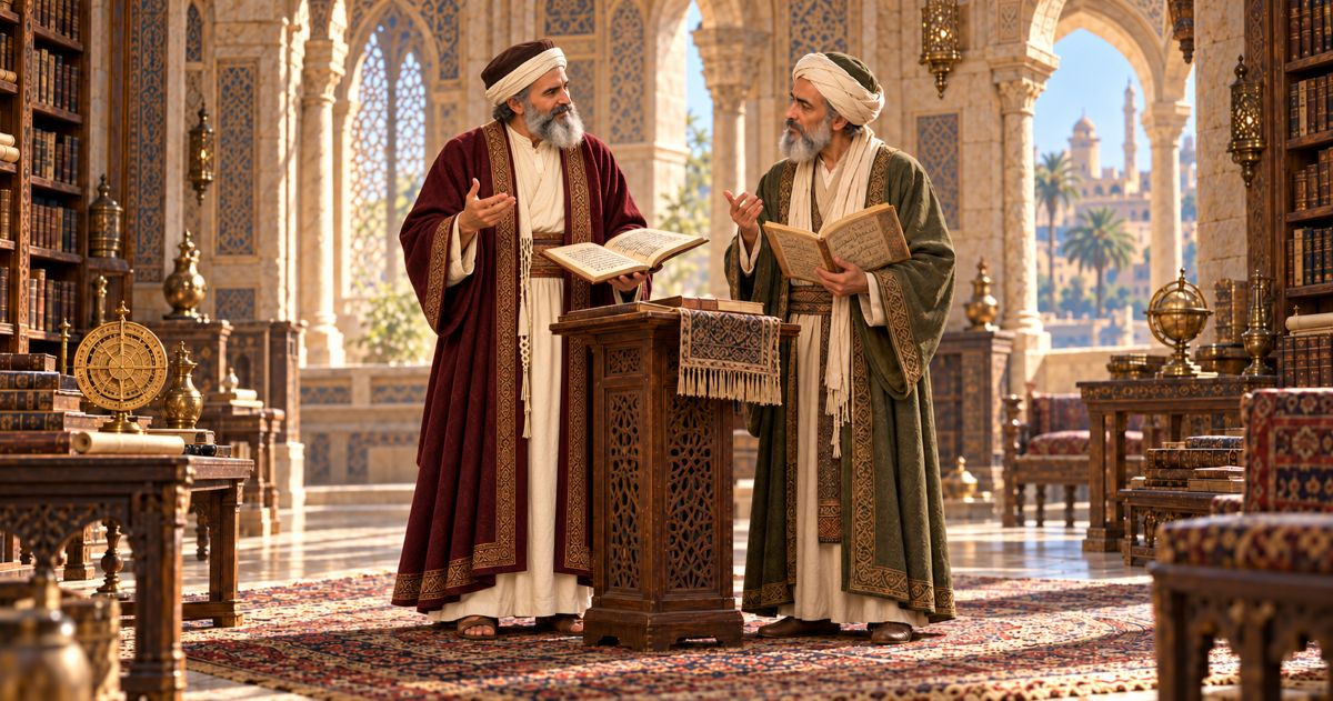 Le Rambam, vêtu d’une robe bordeaux, discute avec un érudit arabe autour d’un pupitre, chacun tenant un manuscrit ouvert.