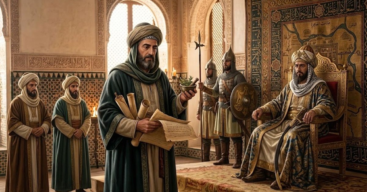Le Rambam, vêtu de rabats d'érudit et d'un turban, tient des parchemins médicaux et examine des plantes médicinales devant des dignitaires et gardes dans une salle d'audience égyptienne de style médiéval.