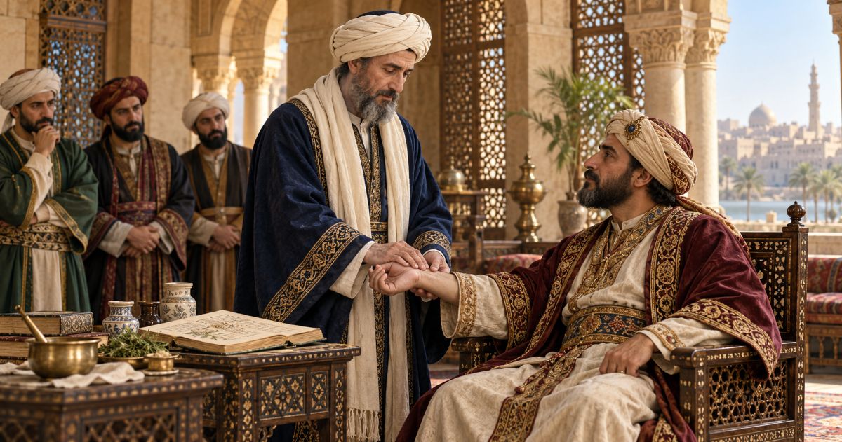 Scène imaginée du Rambam prenant le pouls d’un ministre arabe assis dans un palais égyptien, sous le regard de dignitaires.