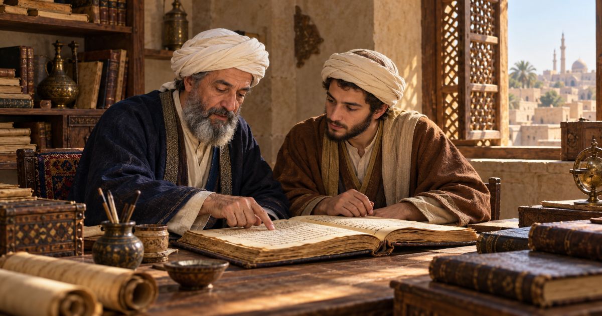 Évocation du Rambam écoutant son fils Rabbi Abraham devant un manuscrit. Illustration générée par IA.