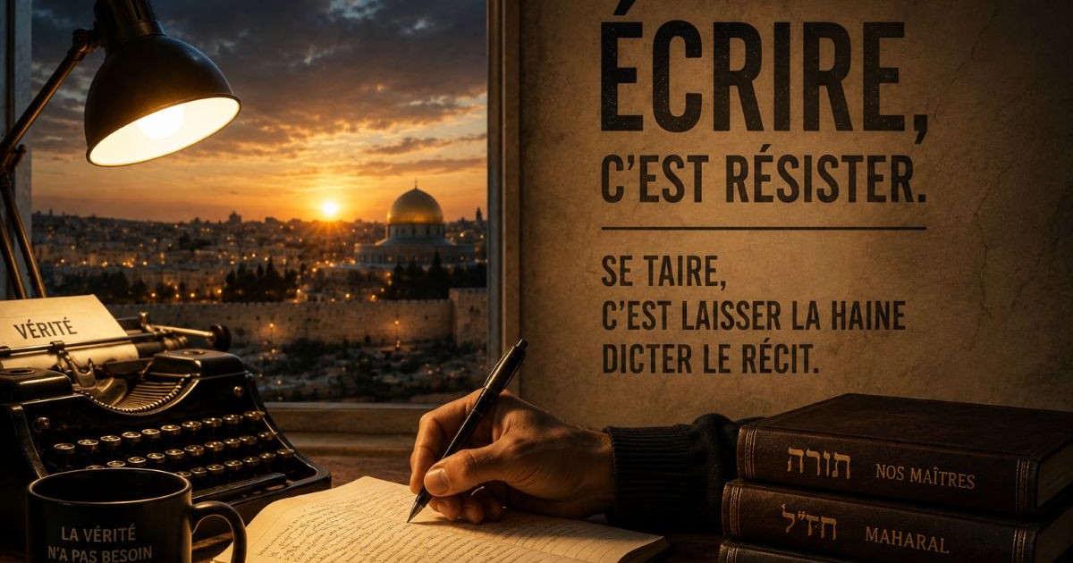 Scene dun homme qui écrit sur fond de Jérusalem au coucher du soleil
