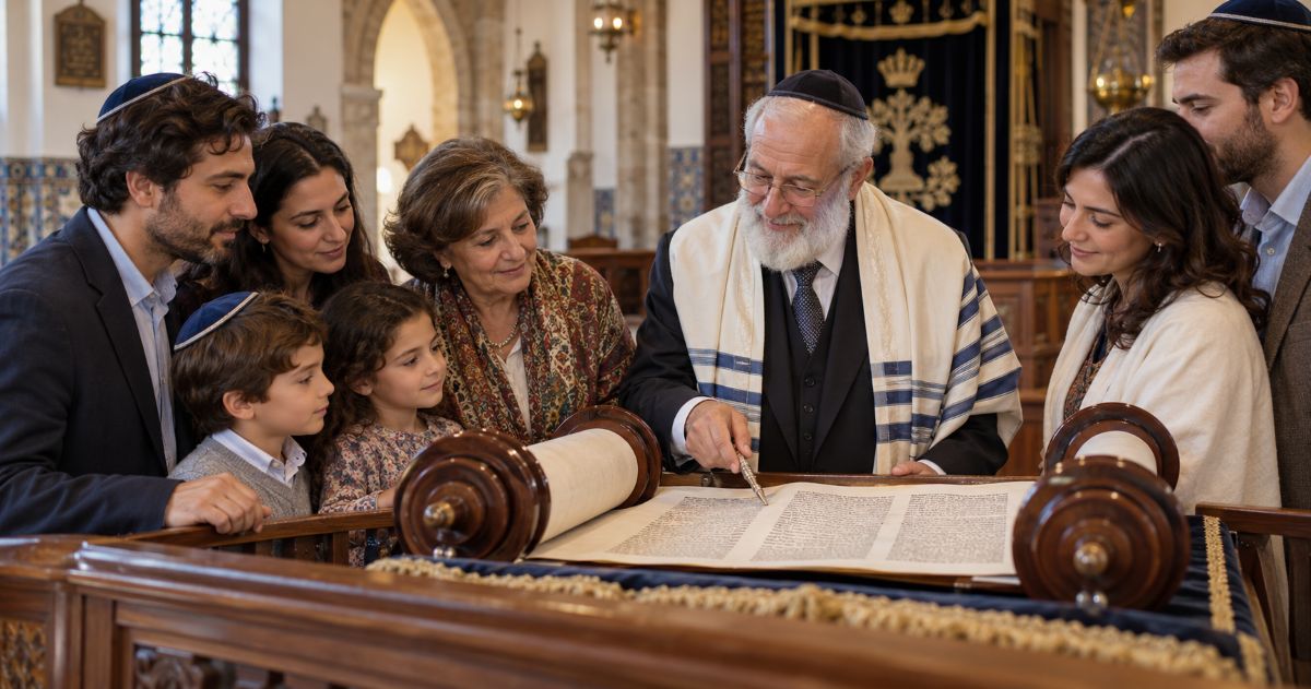 Plusieurs générations d’une famille réunies autour d’un rabbin présentant un rouleau de Torah ouvert dans une synagogue.