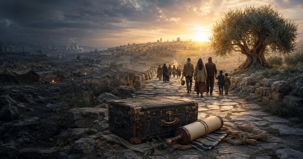 Des familles juives avancent vers Jérusalem entre une ancienne valise, un rouleau de Torah et un olivier.