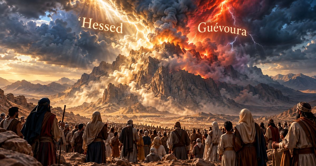 Évocation de la révélation au mont Sinaï, avec deux influx lumineux symbolisant le ‘Hessed et la Guévoura devant le peuple d’Israël.