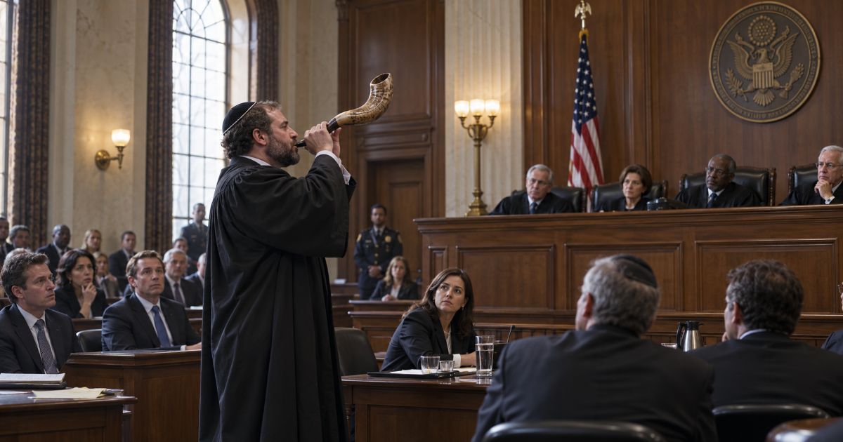 Un avocat juif sonnant du Chofar devant des juges dans une salle d’audience, illustration symbolique du jugement céleste de Roch Hachana.