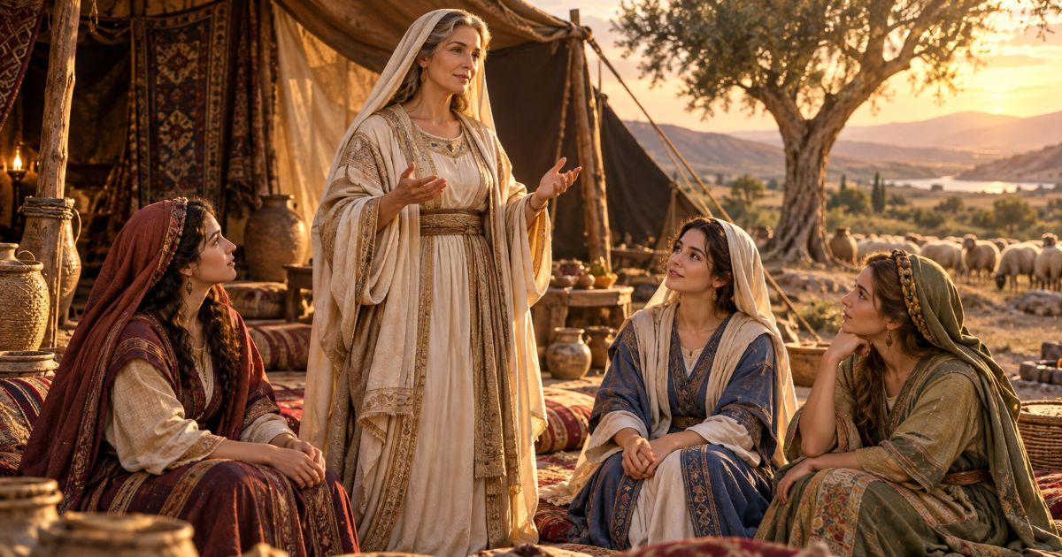 Sarah Iménou, charismatique, transmet son enseignement à Rivka, Ra’hel et Léa, attentives à ses paroles devant une tente biblique.
