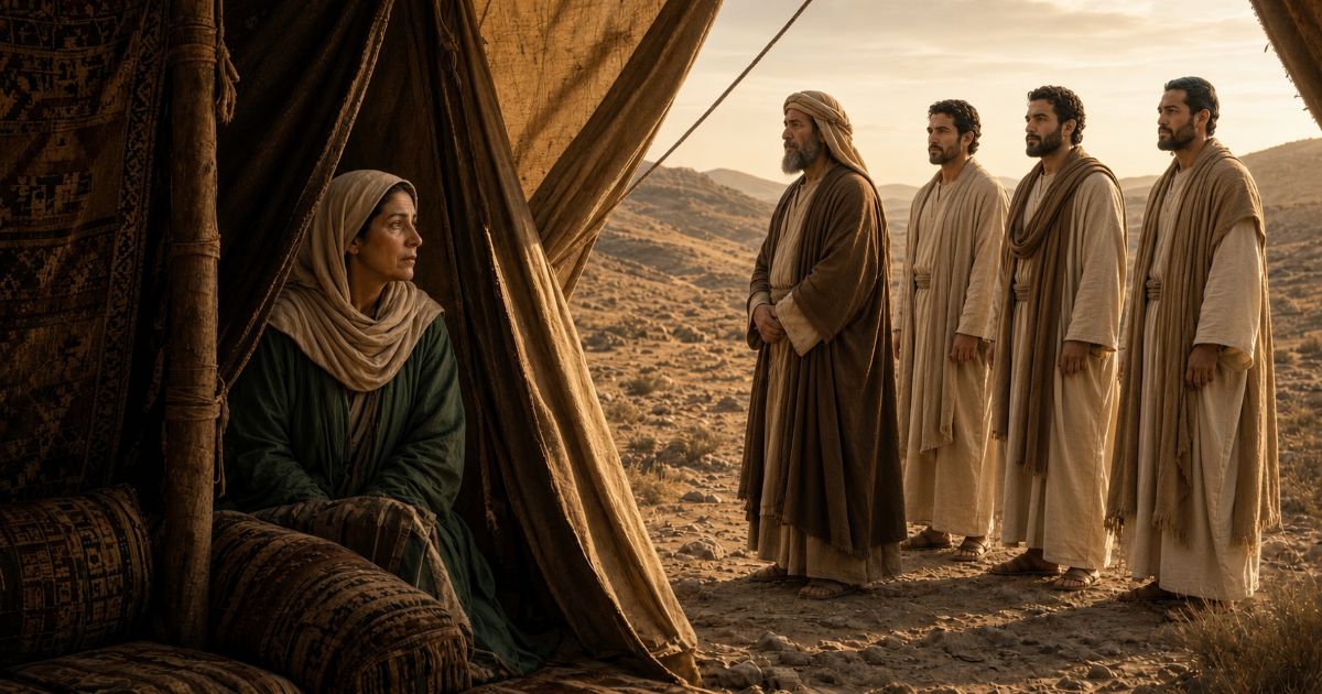 Sarah assise à l’entrée de sa tente regarde vers l’extérieur, tandis qu’Abraham se tient face à trois anges dans le désert.