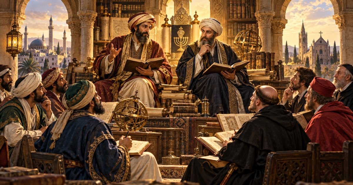 Illustration symbolique montrant Rabbi Yehouda Halévi et le Rambam enseignant, entourés de livres et manuscrits, tandis que des savants musulmans et chrétiens les écoutent attentivement.