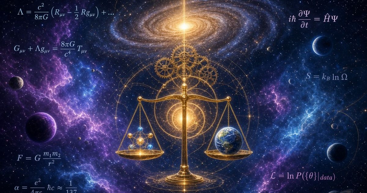 Représentation symbolique de l'ajustement fin cosmique et de la création, avec une balance dorée au centre d'une galaxie spirale comparant la structure atomique et la Terre, entourée d'équations physiques