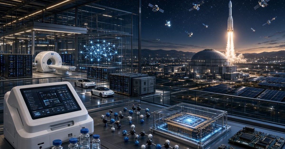 Vue panoramique d’un laboratoire futuriste ouvrant sur un paysage technologique : IRM, médicaments, puces quantiques, voitures électriques, centrale nucléaire, fusée et satellites – image générée par IA