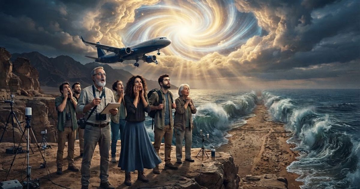 Un groupe de scientifiques stupéfaits, équipés de matériel de mesure, se tient sur une falaise désertique et regarde un avion volant vers des faisceaux lumineux au-dessus d'une mer dont les eaux sont divisées en deux.