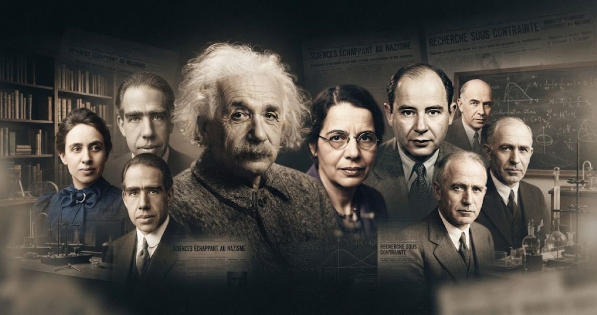 Collage artistique de portraits de scientifiques juifs de l'époque du nazisme sur fond de documents d'archives.