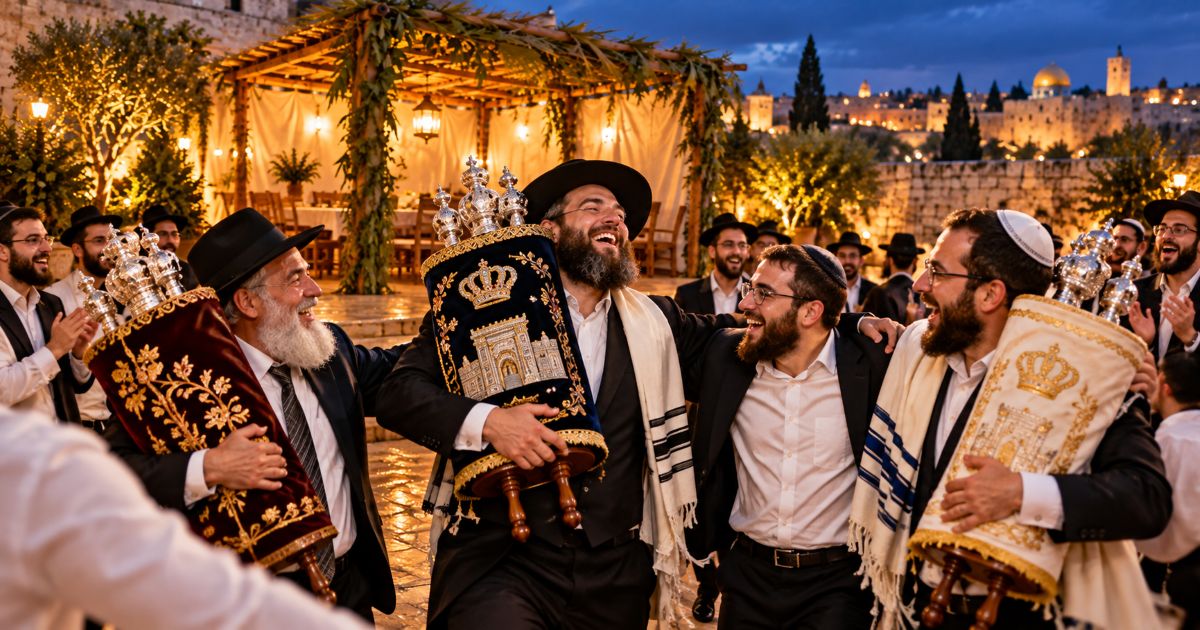 Fidèles joyeux dansant avec des sifré Torah devant une soukka illuminée, dans une ambiance de fête à Jérusalem.