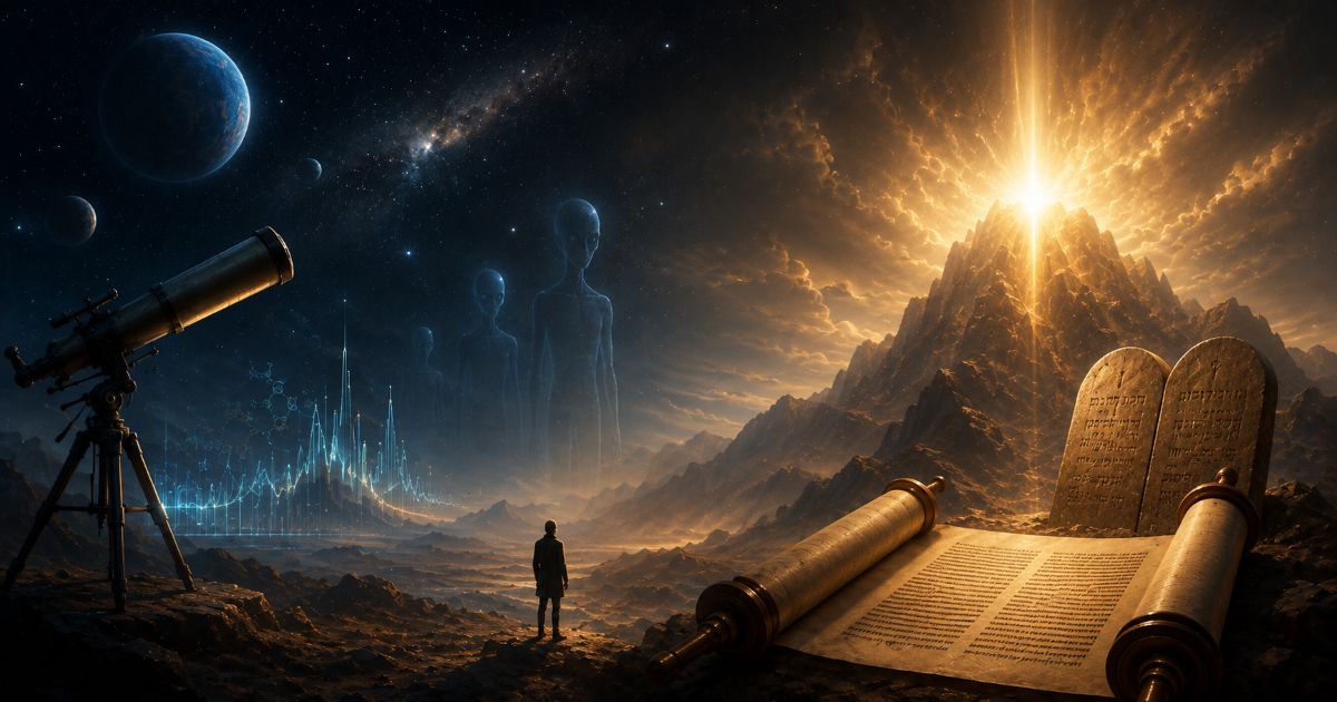 Face au mont Sinaï illuminé, un homme contemple la Terre tandis que de mystérieuses silhouettes extraterrestres apparaissent discrètement dans le ciel.