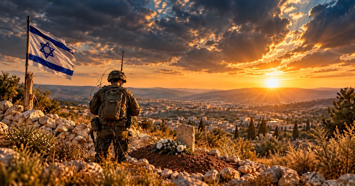 Soldat israélien récitant le Kaddish près d’une tombe fraîche en mémoire de son frère soldat mort, au coucher du soleil.