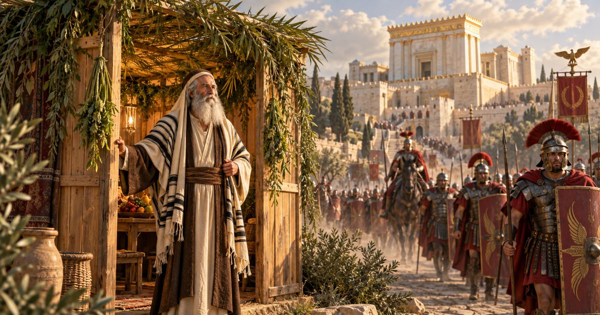 Souccot à Jérusalem en 66, avec un Juif devant une soukka tandis que les légions romaines de Cestius Gallus se retirent près du Second Temple.