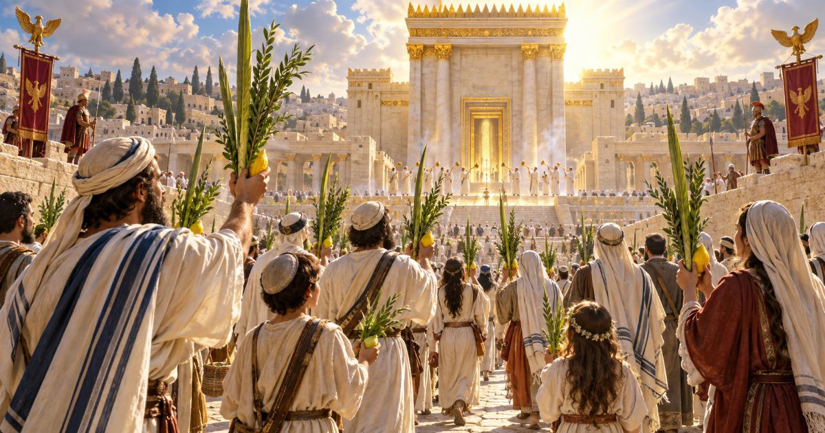 Pèlerins juifs portant les quatre espèces de Souccot en direction du Second Temple à Jérusalem à l’époque romaine.