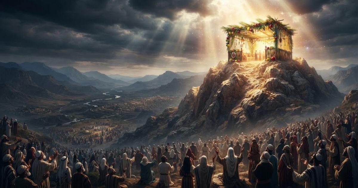 Vue cinématographique et biblique d'une souka illuminée au sommet d'une montagne, contemplée par les nations du monde émerveillées en contrebas sous un ciel dramatique