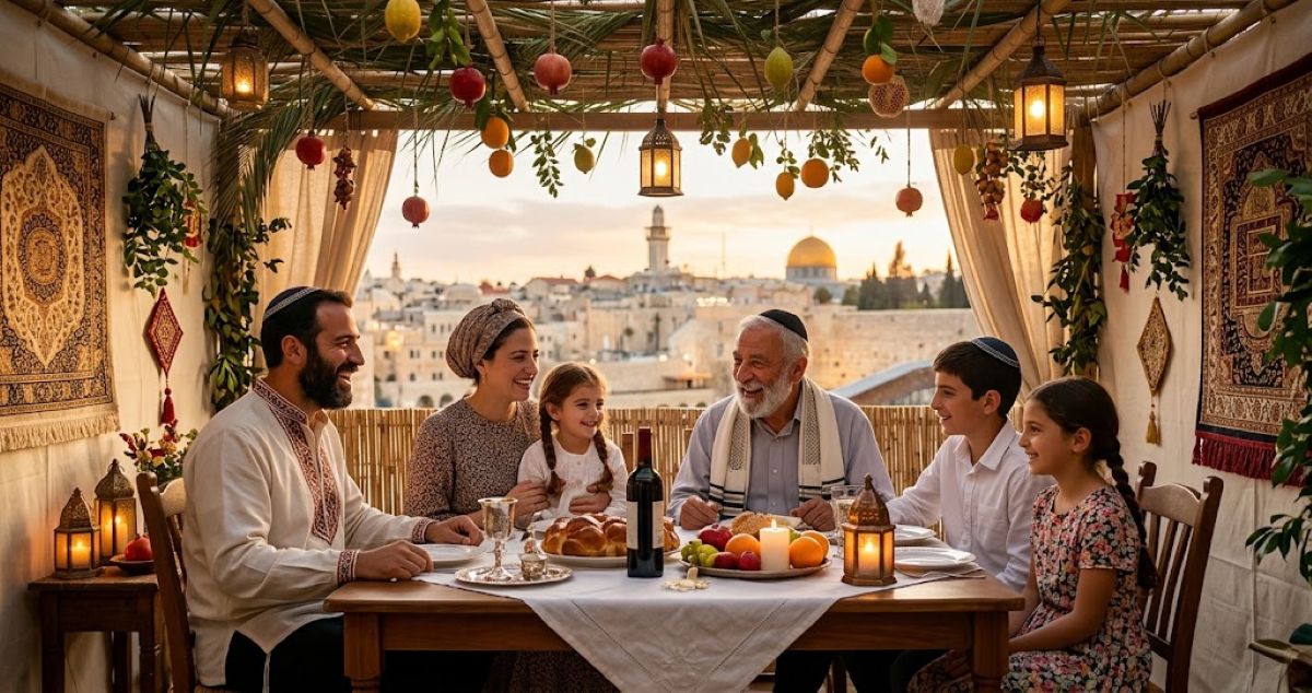 Une famille juive partage un repas sous une soukka décorée avec Jérusalem en arrière-plan.